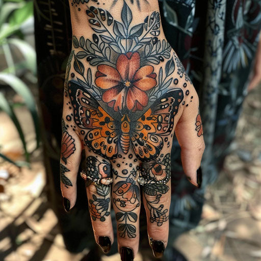 Hand tattoo with butterfly and flowers