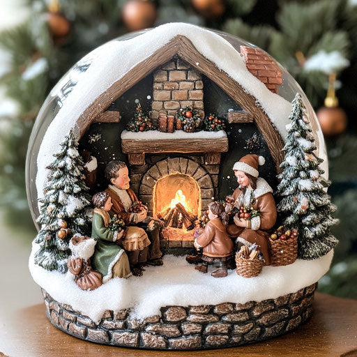 Warm family by the fireplace in a snow globe
