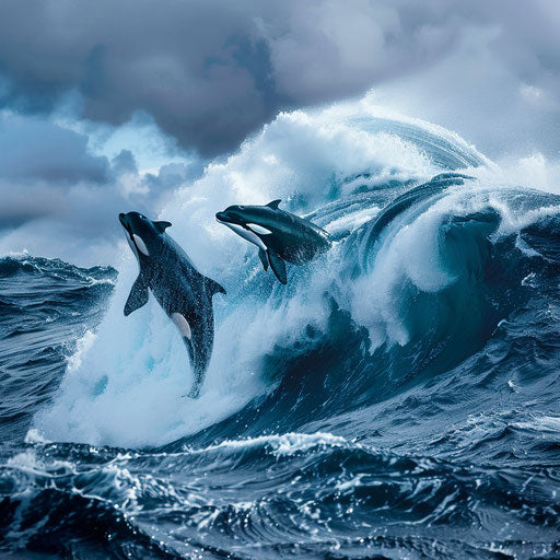 Orcas in the unleashed storm at sea