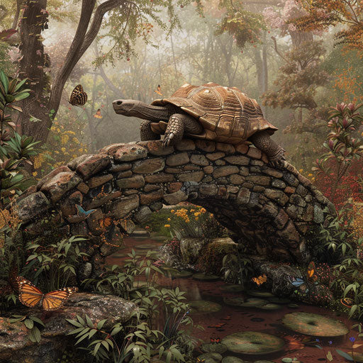 Texas tortoise crossing a natural stone bridge