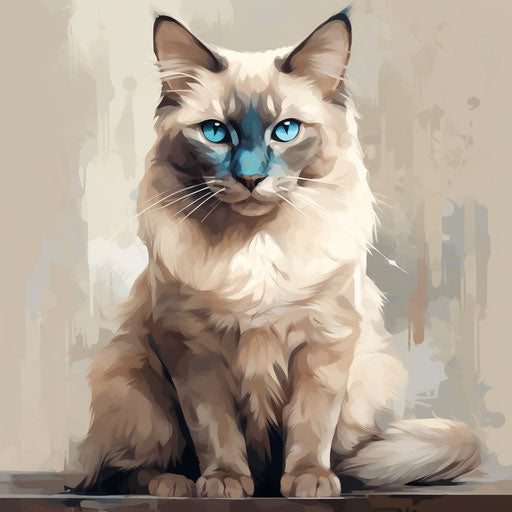 A cat sitting on a grey background, in the style of light beige and sky-blue, exaggerated features