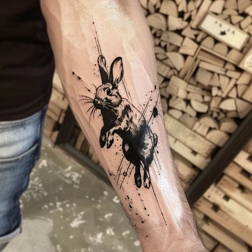 Dynamic flat tattoo sketch of a leaping black rabbit with abstract splash effects