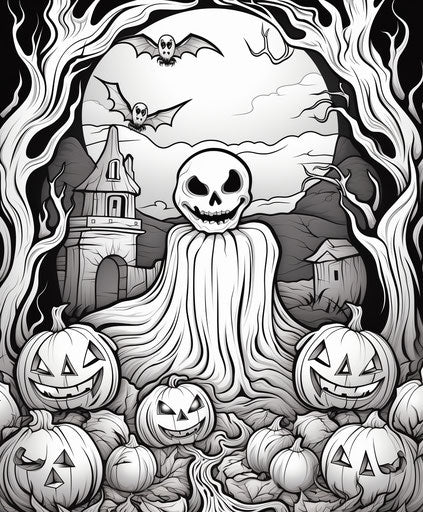Halloween coloring page with ghost, pumpkin and spiders, in the style of Ilford Pan F, expansive 5:6
