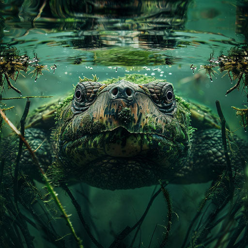 Snapping turtle camouflaged in the environment