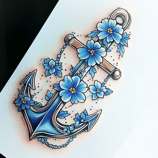 Tattoo sketch for small forearm: anchor & blue flowers