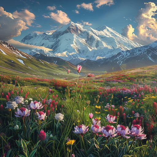 Denali with blooming wildflowers, spring landscape, in the style of Max Rive