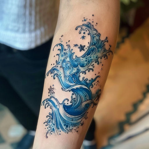 Water-themed curse mark tattoo with waves and sea creatures