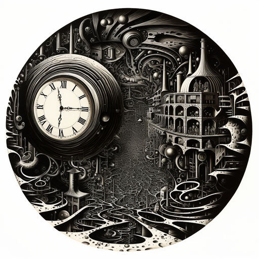 Clock in detailed and intricate pen and ink style