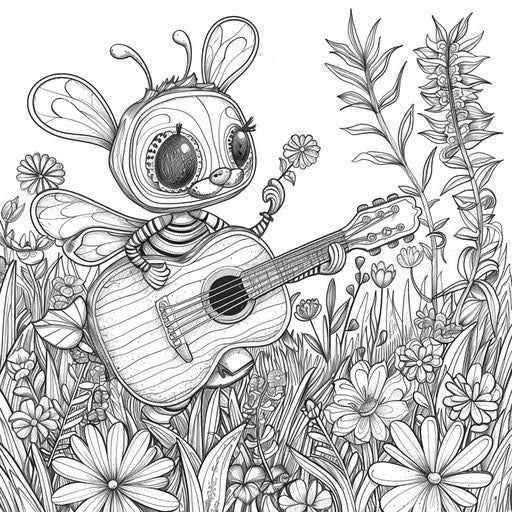 A whimsical bee playing a tiny guitar in a garden. Coloring book page