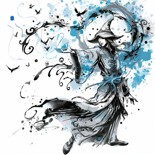 Powerful anime wizard casting spell, magical symbols as tattoo