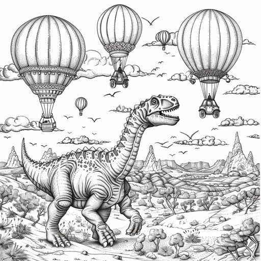 Dinosaur with hot air balloons, Stephen Wiltshire style, coloring book page
