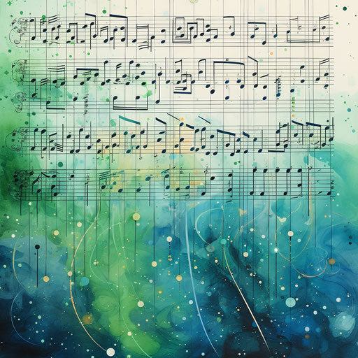 Music notes composed on a very short stave in green and blue