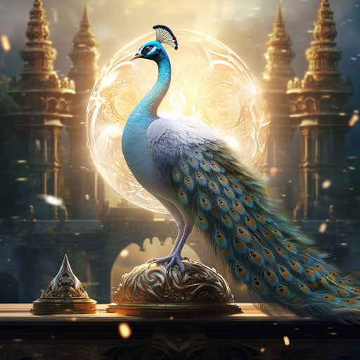 Peacock on animal statue at sunrise, luminous spheres style, white aquamarine, sparklecore, snow scenes, animated gifs, joseph stella, light gold white 1:1