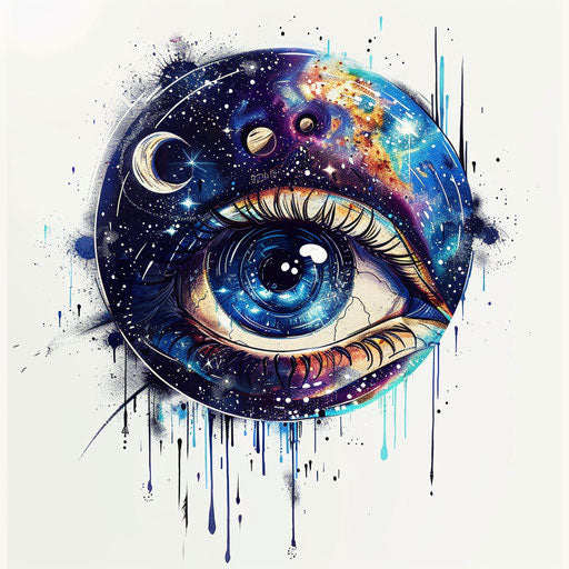 Eye planet with orbiting moon in cosmic space