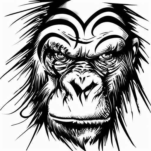 Fierce gorilla face in tribal tattoo style on white background