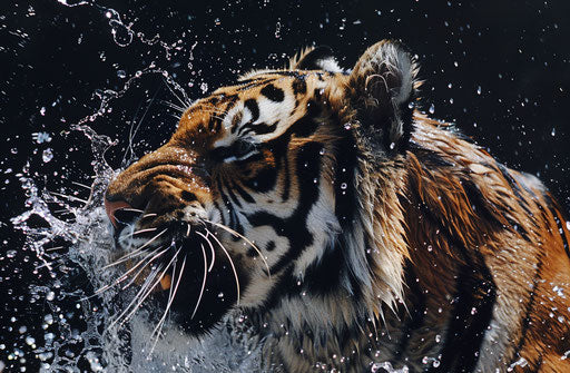 Tiger getting splashed with water in National Geographic style