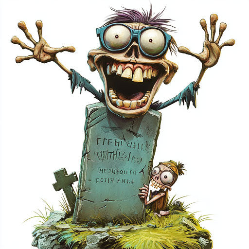Humorous caricature of a gravestone with human characteristics