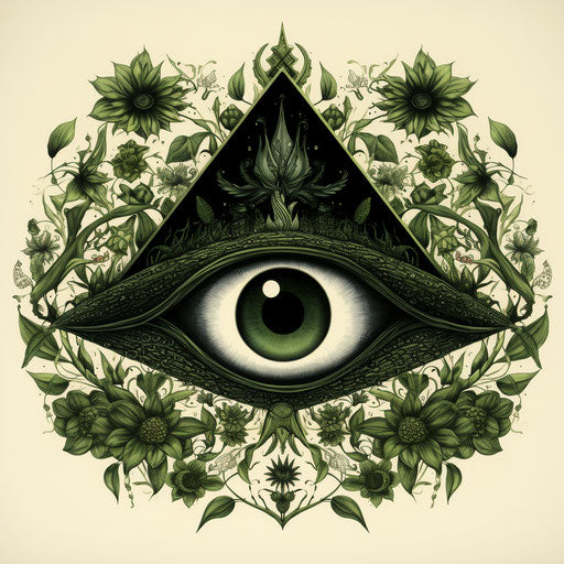 All-seeing eye in black and white in dark amber and green floralpunk style