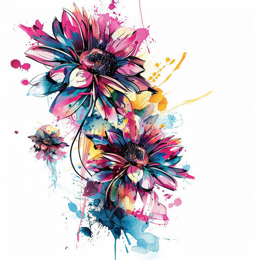 Contemporary floral tattoo design with splashes of abstract colors, on white
