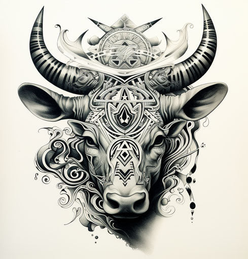 Bull with pigeon arrow, Maori art style, mechanical design