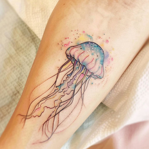 Ethereal jellyfish tattoo in pastel colors on white background