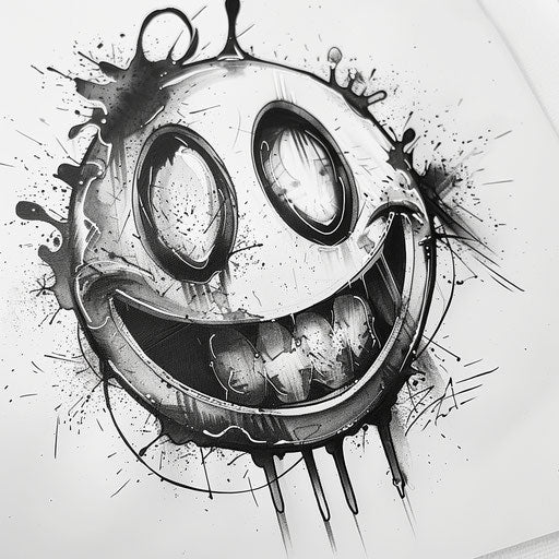Vintage-inspired smiley face tattoo sketch, detailed and on a white background