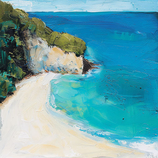 Cove with bright blue water and white sandy beach
