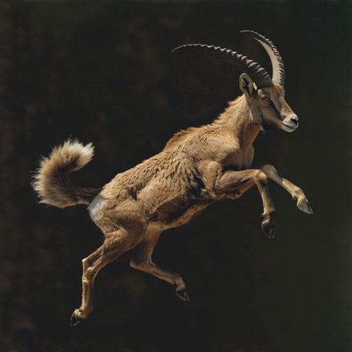 Ibex captured mid-jump, in the style of Tim Flach