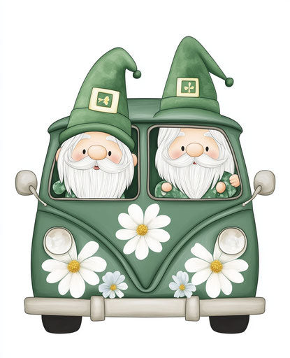Leprechauns driving a green van with white flowers