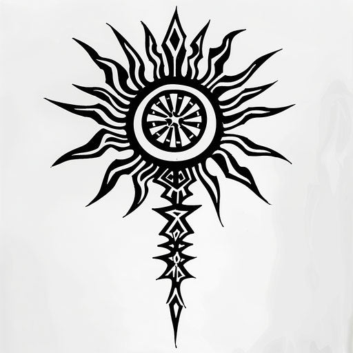 Sketch of a tribal sun with sharp rays and patterns, clipart style, flat black ink