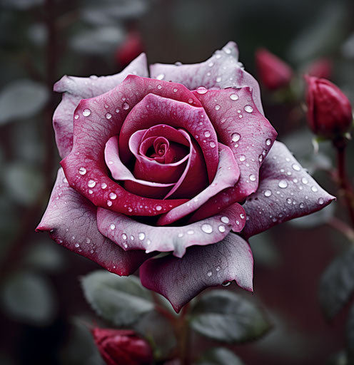 Old photo of a rose in shades of red, silver, and indigo