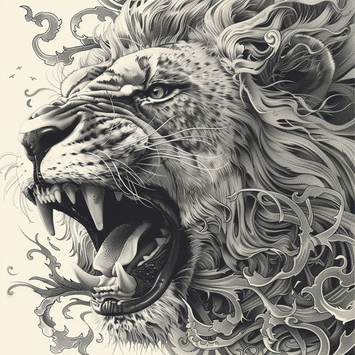 Intricate gangster tattoo with roaring lion in black and grey ink on pure white background