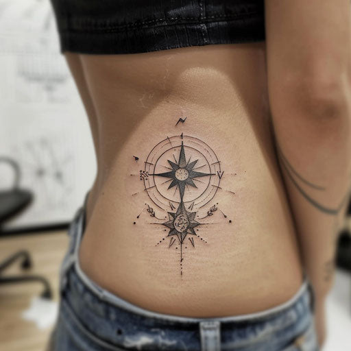 rib tattoos, minimalist compass style, Ami James