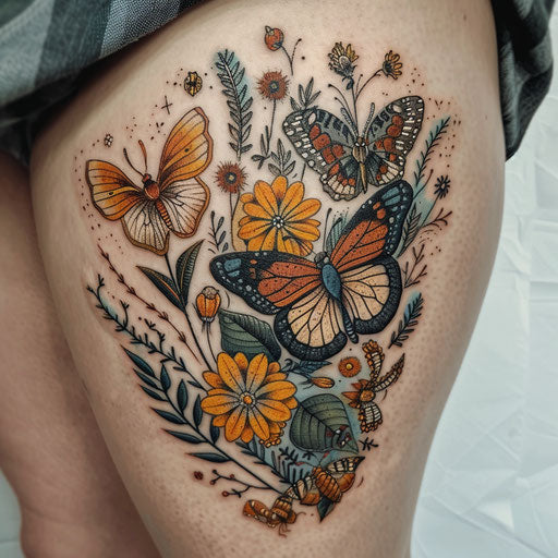 Hip tattoo of a butterfly garden