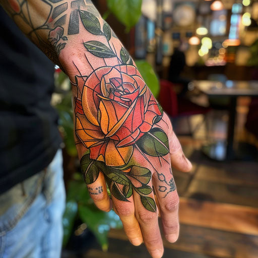Rose hand tattoo in the style of Steve McNiven with a comic book rose