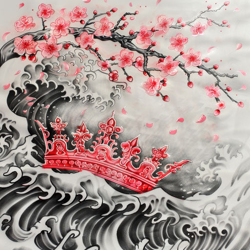Japanese inspired queen crown tattoo with cherry blossoms and waves