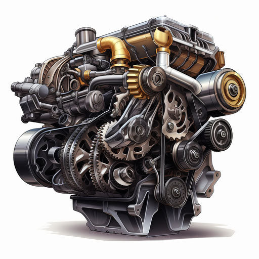 Engine drawing in the style of Chiaroscuro Art, on white background
