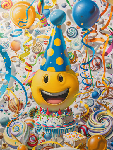 Birthday party with yellow smiling emoji and blue hat