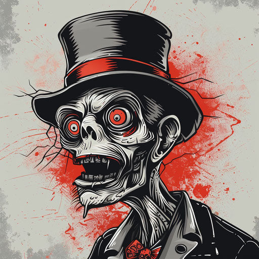 Charming flat tattoo sketch of a zombie with a top hat, grayscale with red accents, clipart style