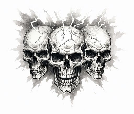 Three skulls with lightning bolts, distorted tattoo design