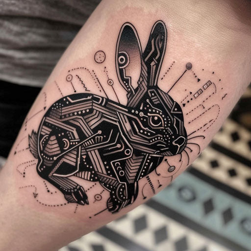 Stylish Art Deco patterns on flat black rabbit tattoo sketch