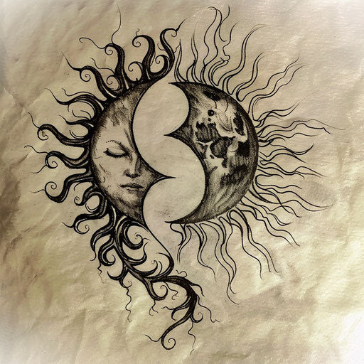 Harmonious sketch of a sun and moon in yin-yang style, dual-tone
