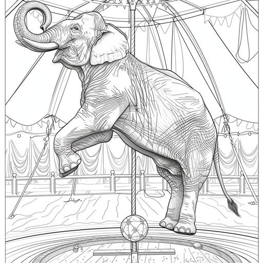 Elephant balancing on a ball in a circus. Coloring book page