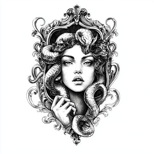 Flat tattoo sketch of Medusa with baroque frame