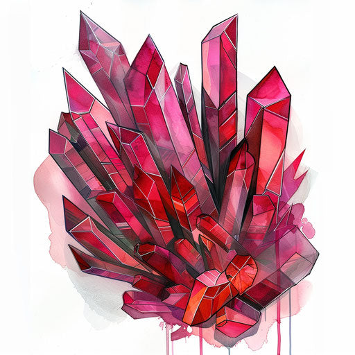 Contemporary tattoo sketch of abstract ruby shards forming a mosaic, in shades of red and pink, clipart style