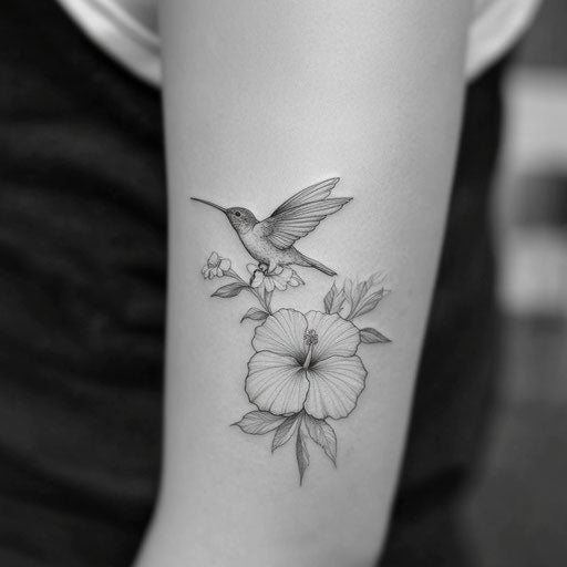 Women's tattoos, hummingbird and hibiscus in Merian style