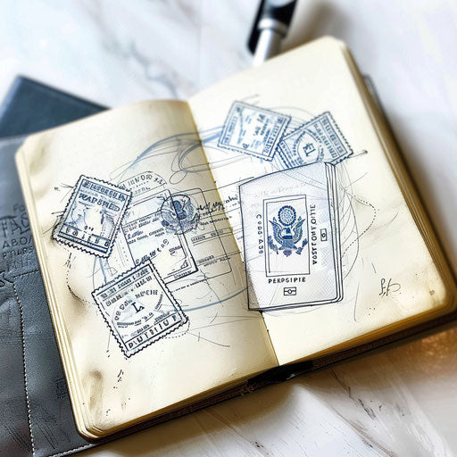 Detailed sketch tattoo of an open passport on a stamped page, on white background