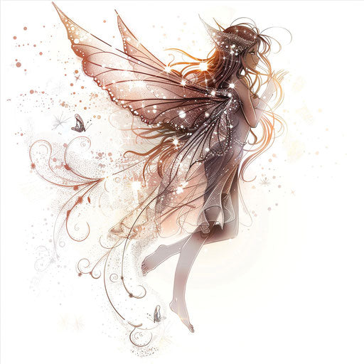 Whimsical anime fairy with delicate wings and glitter, enchanting tattoo design on white background
