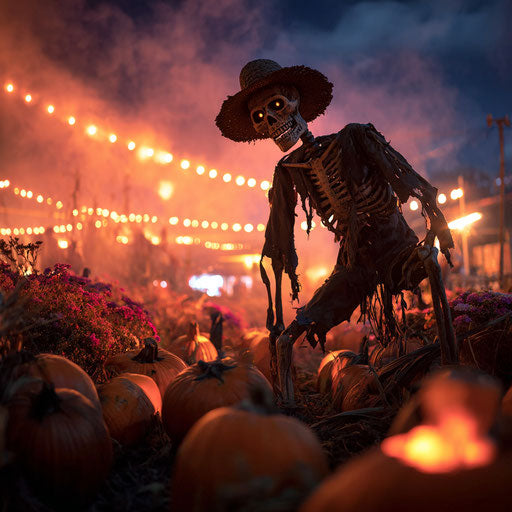 A spooky skeleton scarecrow in a pumpkin patch