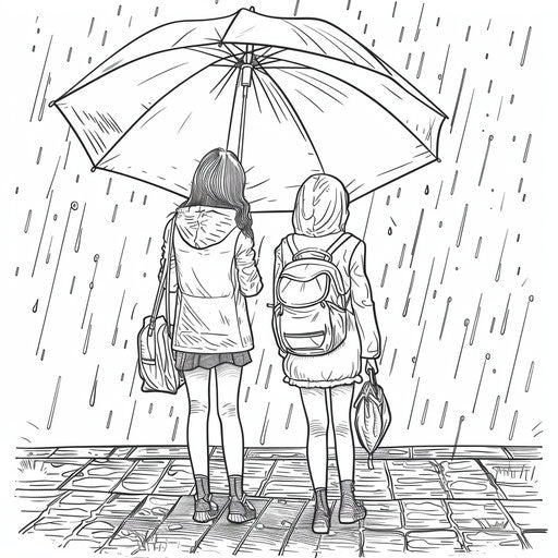 Two friends sharing a large umbrella in the rain